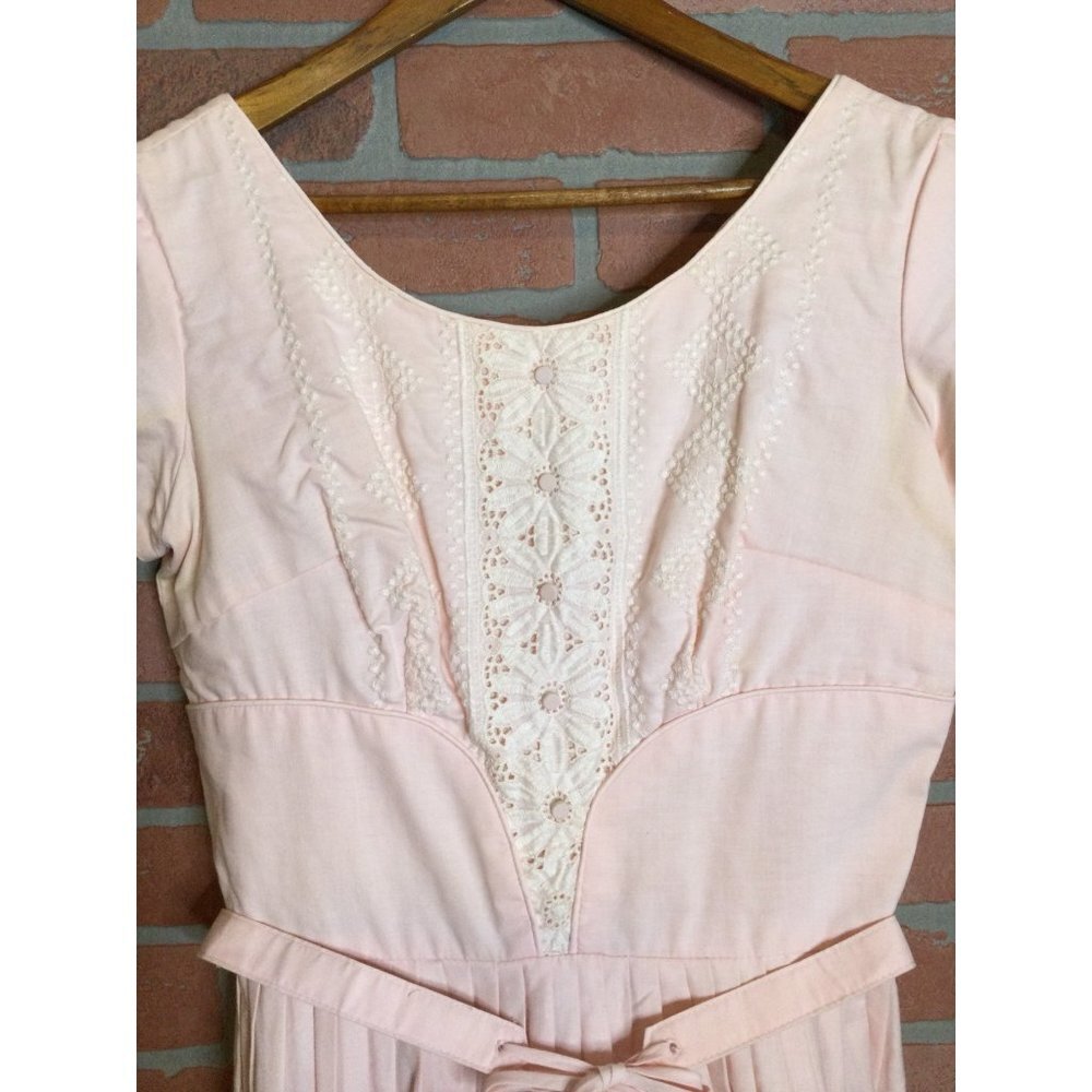 Vintage Womens Dress Floral Lace Detail Short Cap Sleeve Belted Pink - Picture 2 of 5